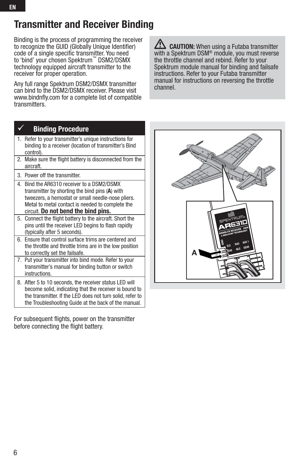 Transmitter and receiver binding, Binding procedure | E-flite P-51D Mustang 280 BNF Basic User Manual | Page 6 / 17