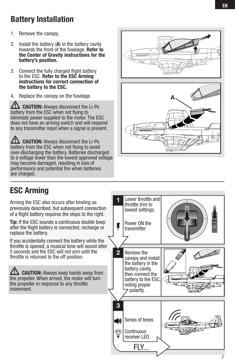 Battery installation, Esc arming | E-flite P-51D Mustang 280 BNF Basic User Manual | Page 7 / 17