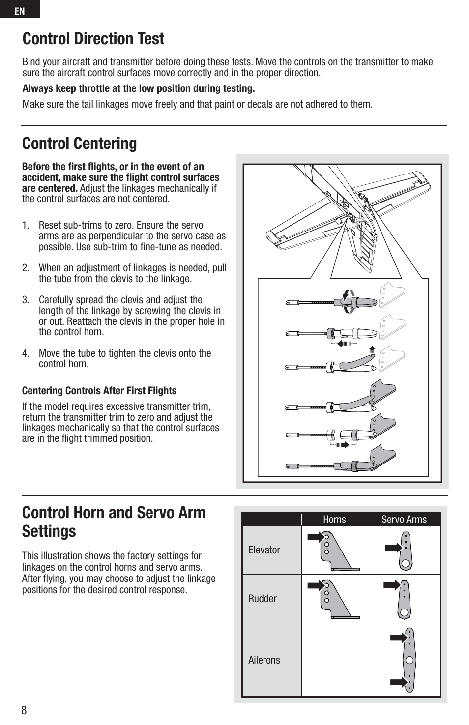 Control centering, Control horn and servo arm settings, Control direction test | E-flite P-51D Mustang 280 BNF Basic User Manual | Page 8 / 17