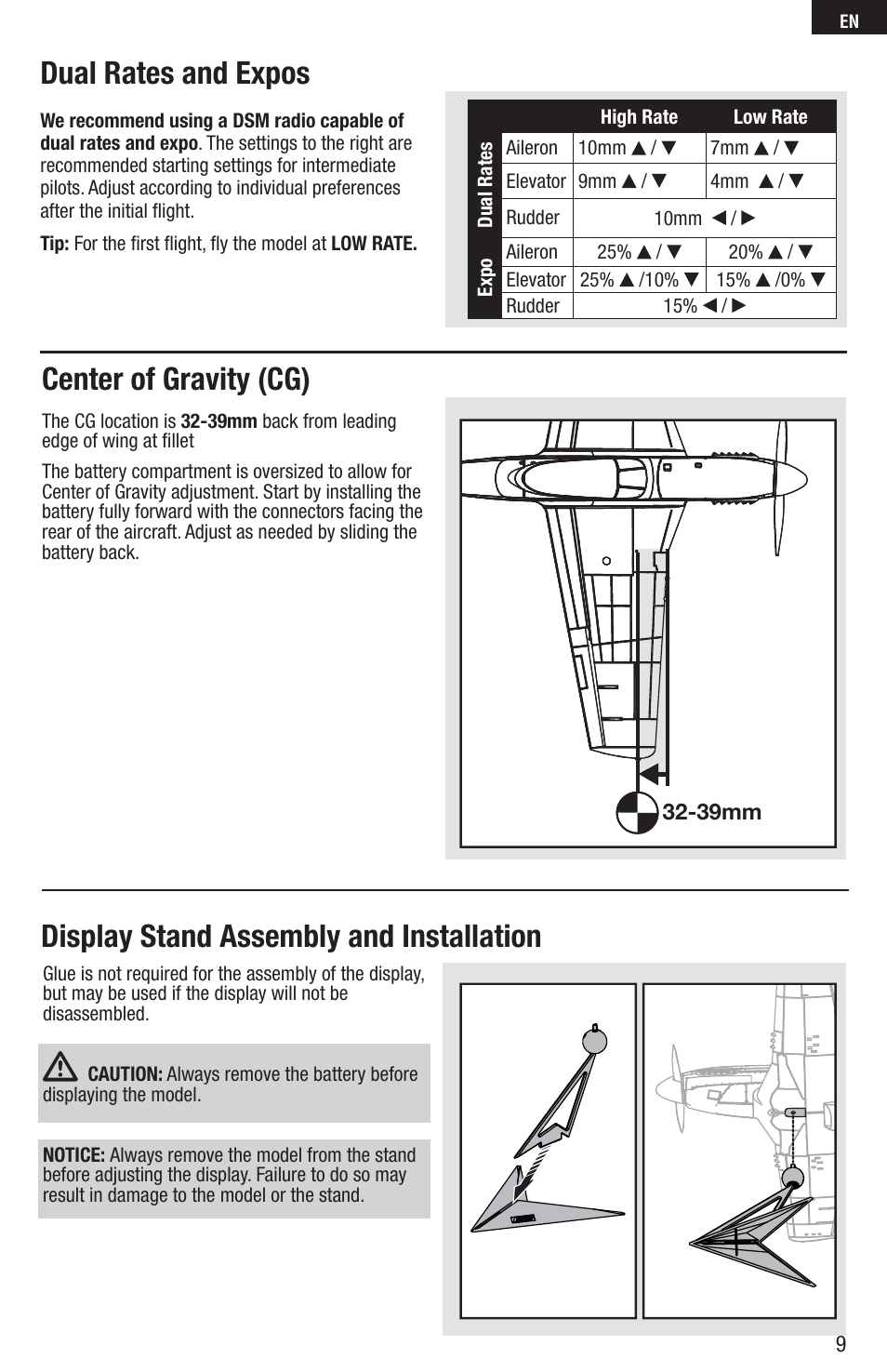 Dual rates and expos, Center of gravity (cg), Display stand assembly and installation | E-flite P-51D Mustang 280 BNF Basic User Manual | Page 9 / 17