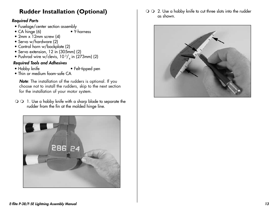 Rudder installation (optional) | E-flite P-38/F-5E Lightning 400 ARF User Manual | Page 13 / 36