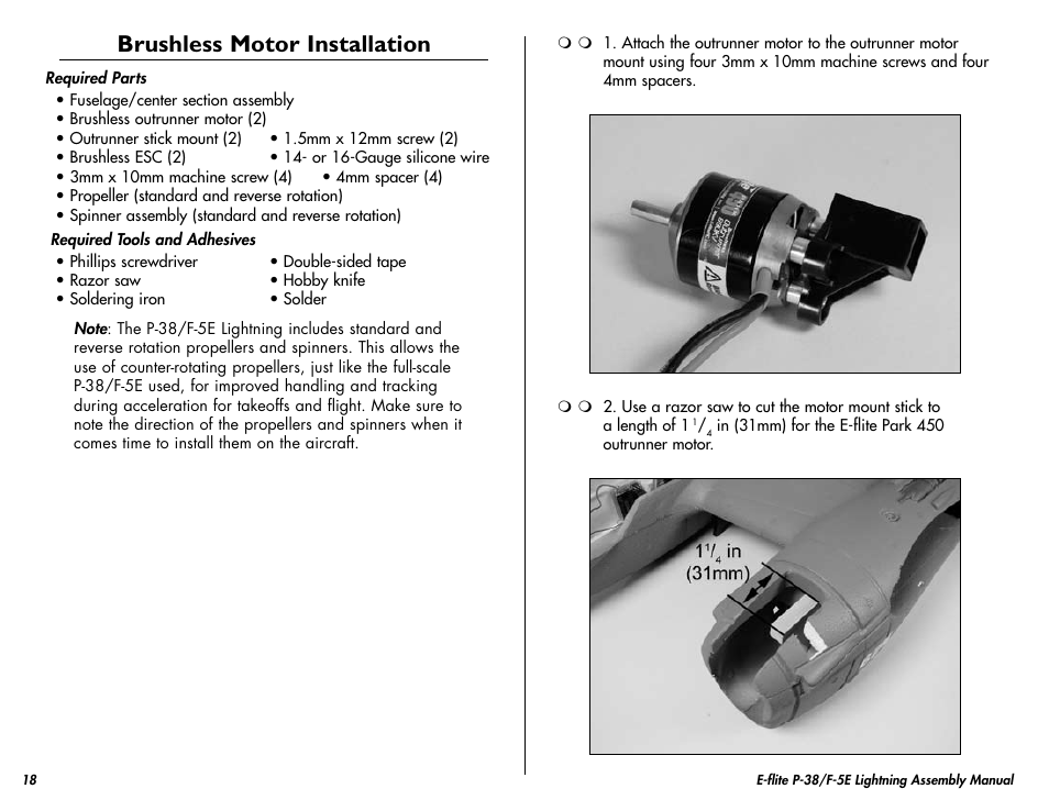 Brushless motor installation | E-flite P-38/F-5E Lightning 400 ARF User Manual | Page 18 / 36