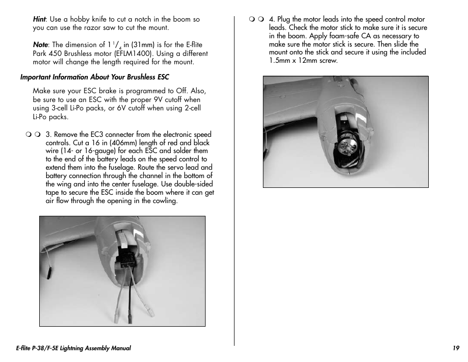 E-flite P-38/F-5E Lightning 400 ARF User Manual | Page 19 / 36