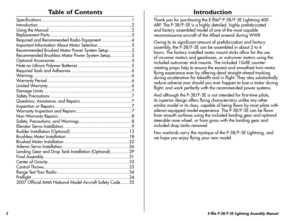 E-flite P-38/F-5E Lightning 400 ARF User Manual | Page 2 / 36