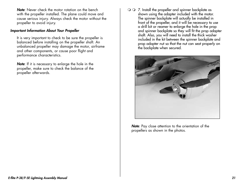 E-flite P-38/F-5E Lightning 400 ARF User Manual | Page 21 / 36