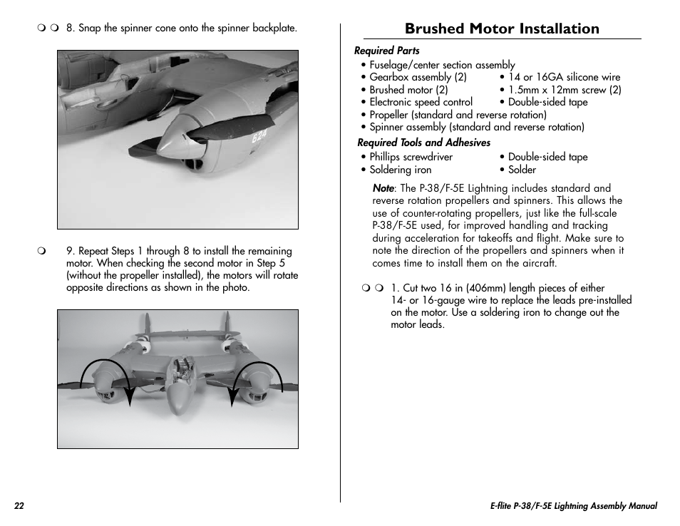 Brushed motor installation | E-flite P-38/F-5E Lightning 400 ARF User Manual | Page 22 / 36