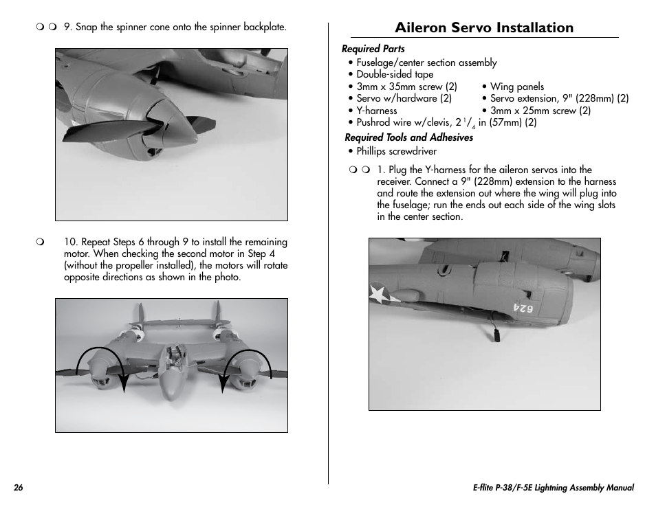 Aileron servo installation | E-flite P-38/F-5E Lightning 400 ARF User Manual | Page 26 / 36