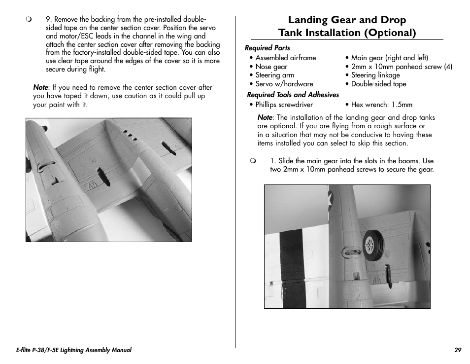 Landing gear and drop tank installation (optional) | E-flite P-38/F-5E Lightning 400 ARF User Manual | Page 29 / 36