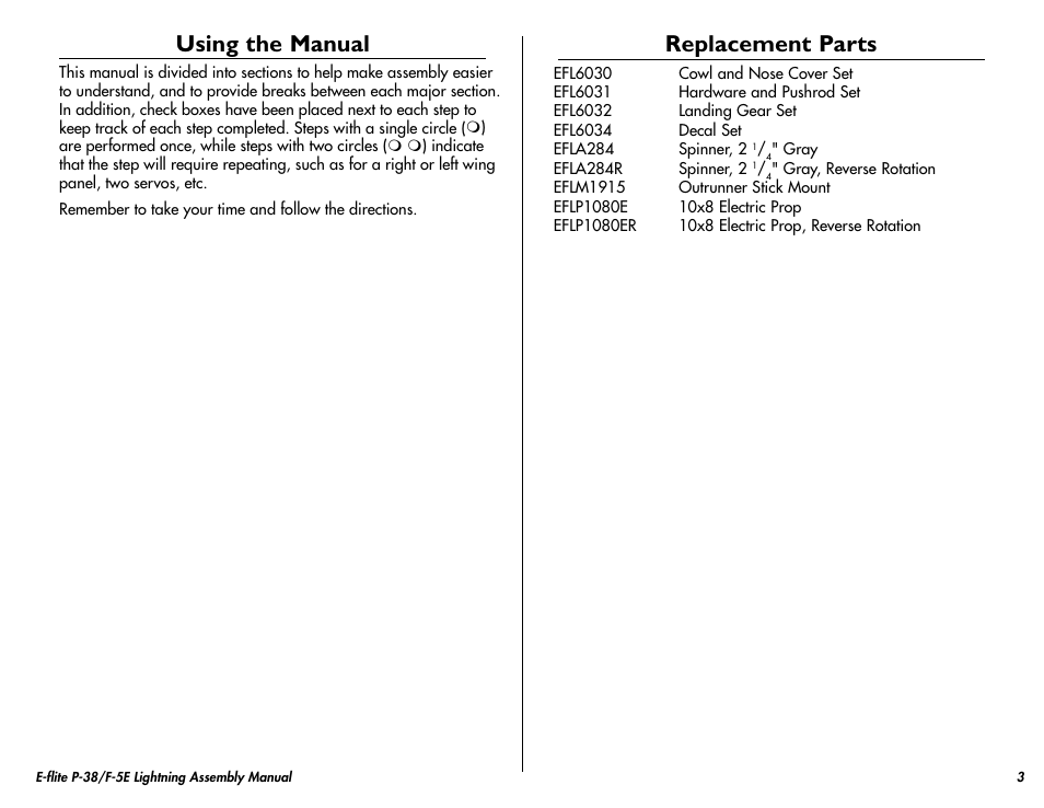 Using the manual, Replacement parts | E-flite P-38/F-5E Lightning 400 ARF User Manual | Page 3 / 36