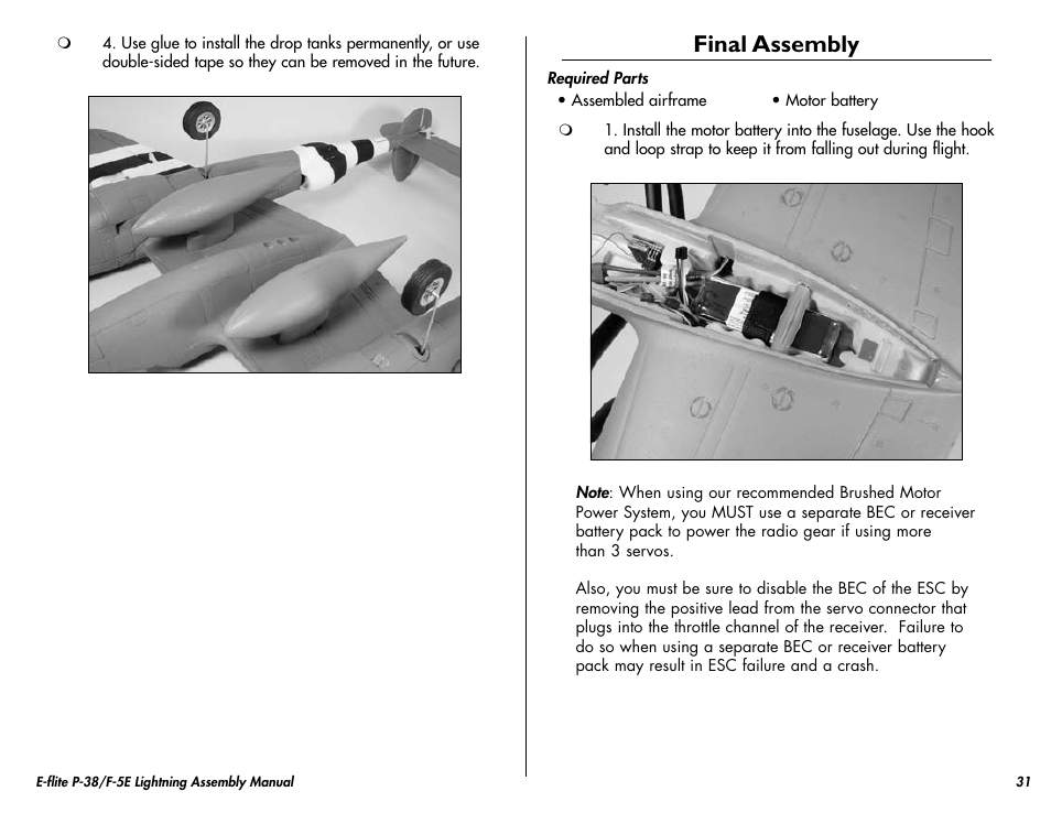 Final assembly | E-flite P-38/F-5E Lightning 400 ARF User Manual | Page 31 / 36