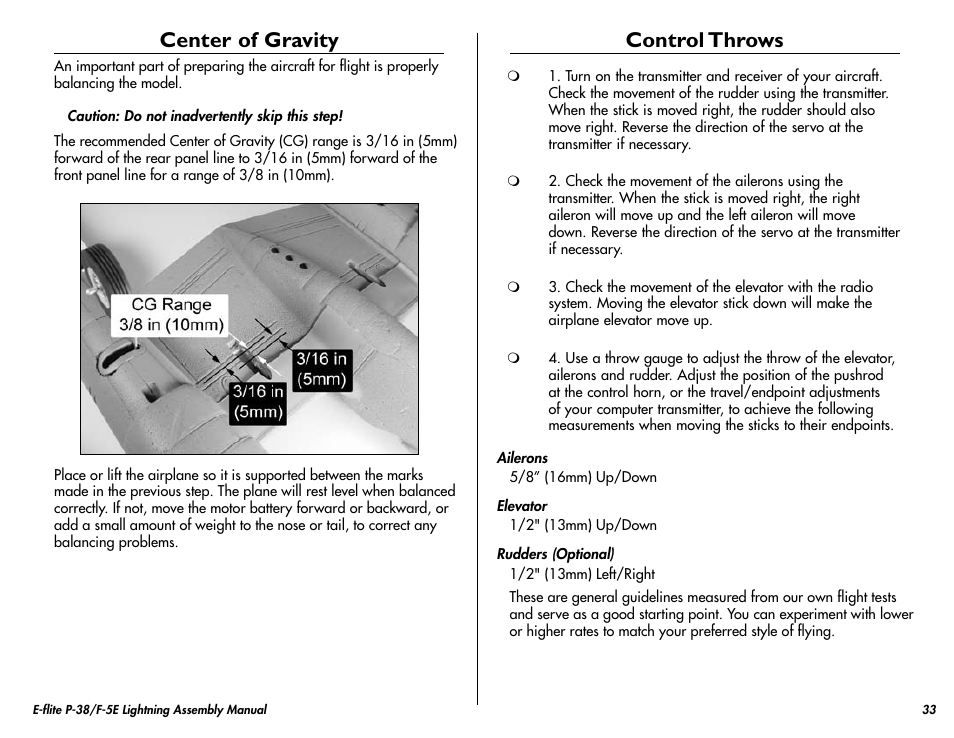 Center of gravity, Control throws | E-flite P-38/F-5E Lightning 400 ARF User Manual | Page 33 / 36