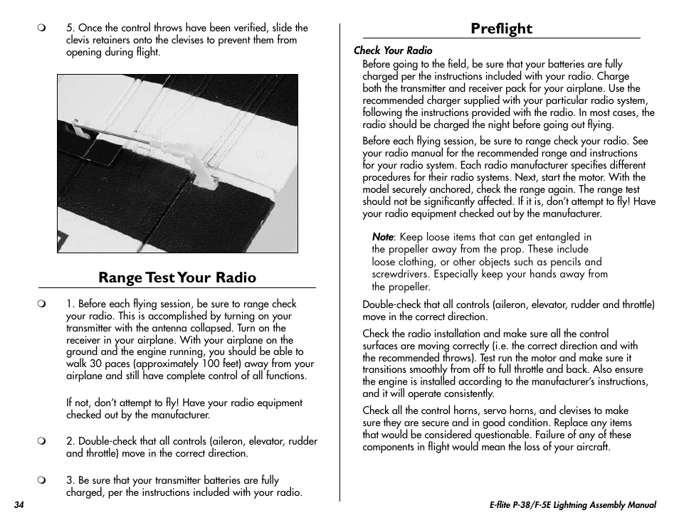 Range test your radio, Preflight | E-flite P-38/F-5E Lightning 400 ARF User Manual | Page 34 / 36