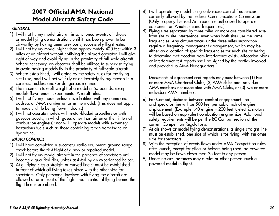 E-flite P-38/F-5E Lightning 400 ARF User Manual | Page 35 / 36