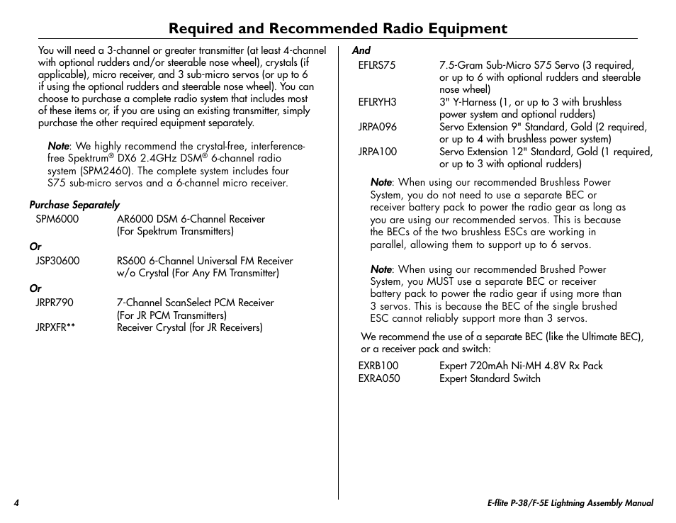 Required and recommended radio equipment | E-flite P-38/F-5E Lightning 400 ARF User Manual | Page 4 / 36