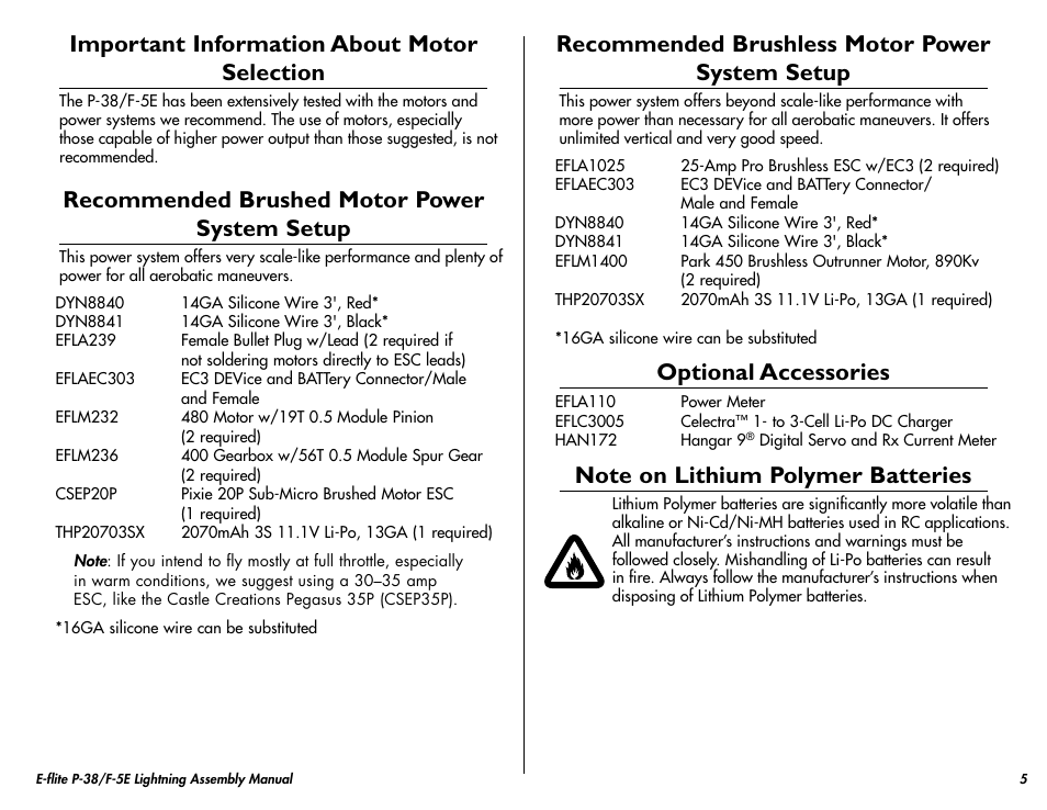 Important information about motor selection, Recommended brushed motor power system setup, Recommended brushless motor power system setup | Optional accessories, Note on lithium polymer batteries | E-flite P-38/F-5E Lightning 400 ARF User Manual | Page 5 / 36