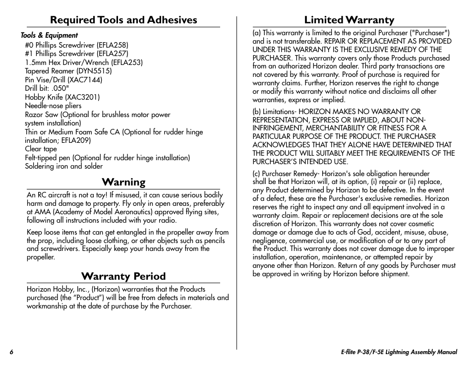 Required tools and adhesives, Warning, Warranty period | Limited warranty | E-flite P-38/F-5E Lightning 400 ARF User Manual | Page 6 / 36