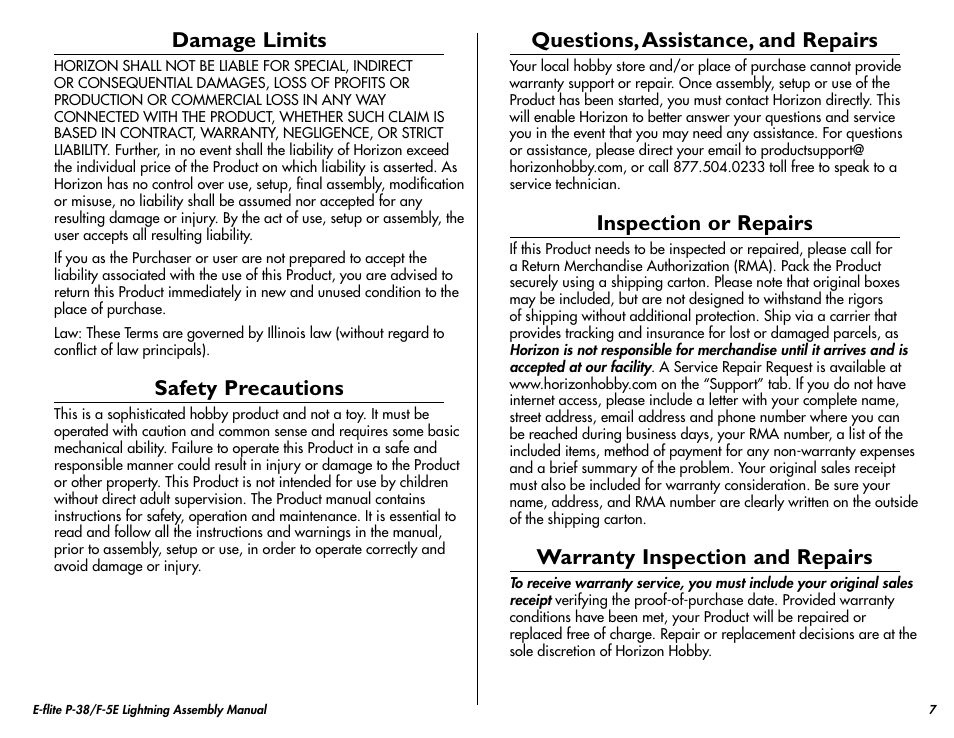 Damage limits, Safety precautions, Questions, assistance, and repairs | Inspection or repairs, Warranty inspection and repairs | E-flite P-38/F-5E Lightning 400 ARF User Manual | Page 7 / 36