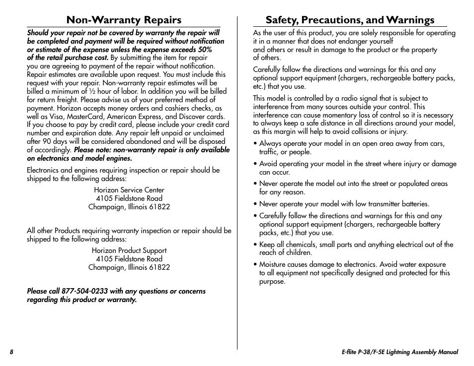 Non-warranty repairs, Safety, precautions, and warnings | E-flite P-38/F-5E Lightning 400 ARF User Manual | Page 8 / 36