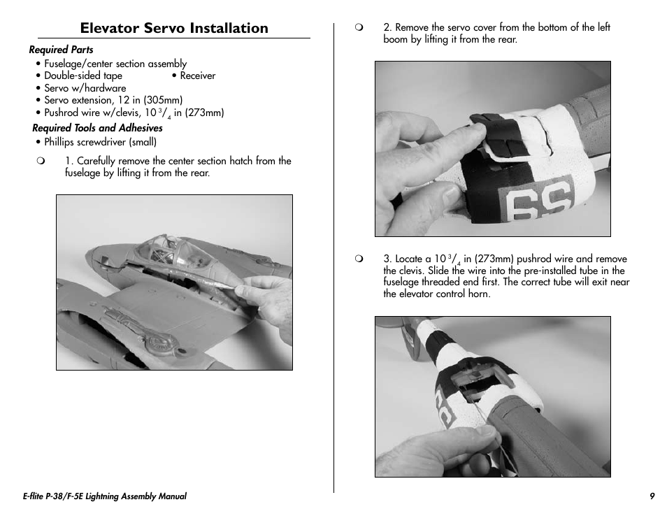 Elevator servo installation | E-flite P-38/F-5E Lightning 400 ARF User Manual | Page 9 / 36