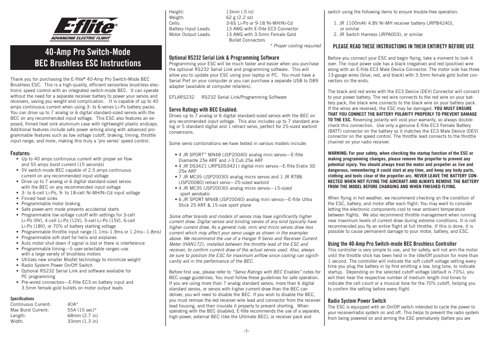 E-flite 40-Amp Pro Switch-Mode BEC Brushless ESC User Manual | 4 pages