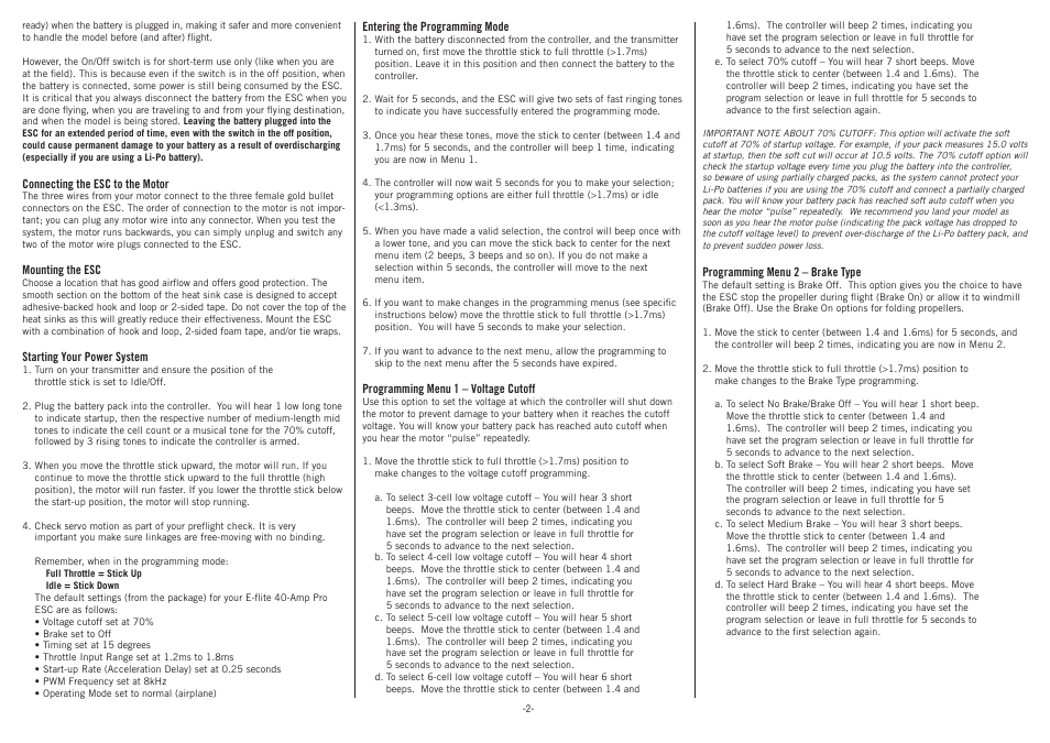 E-flite 40-Amp Pro Switch-Mode BEC Brushless ESC User Manual | Page 2 / 4