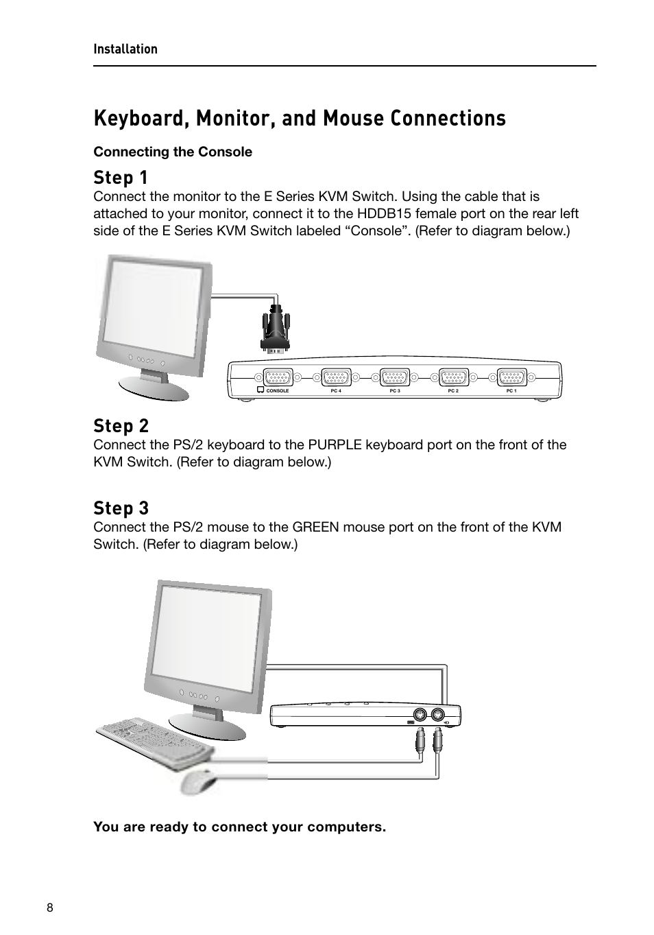 Keyboard, monitor, and mouse connections, Step 1, Step 2 | Step 3 | Belkin F1DB102P2 User Manual | Page 10 / 22