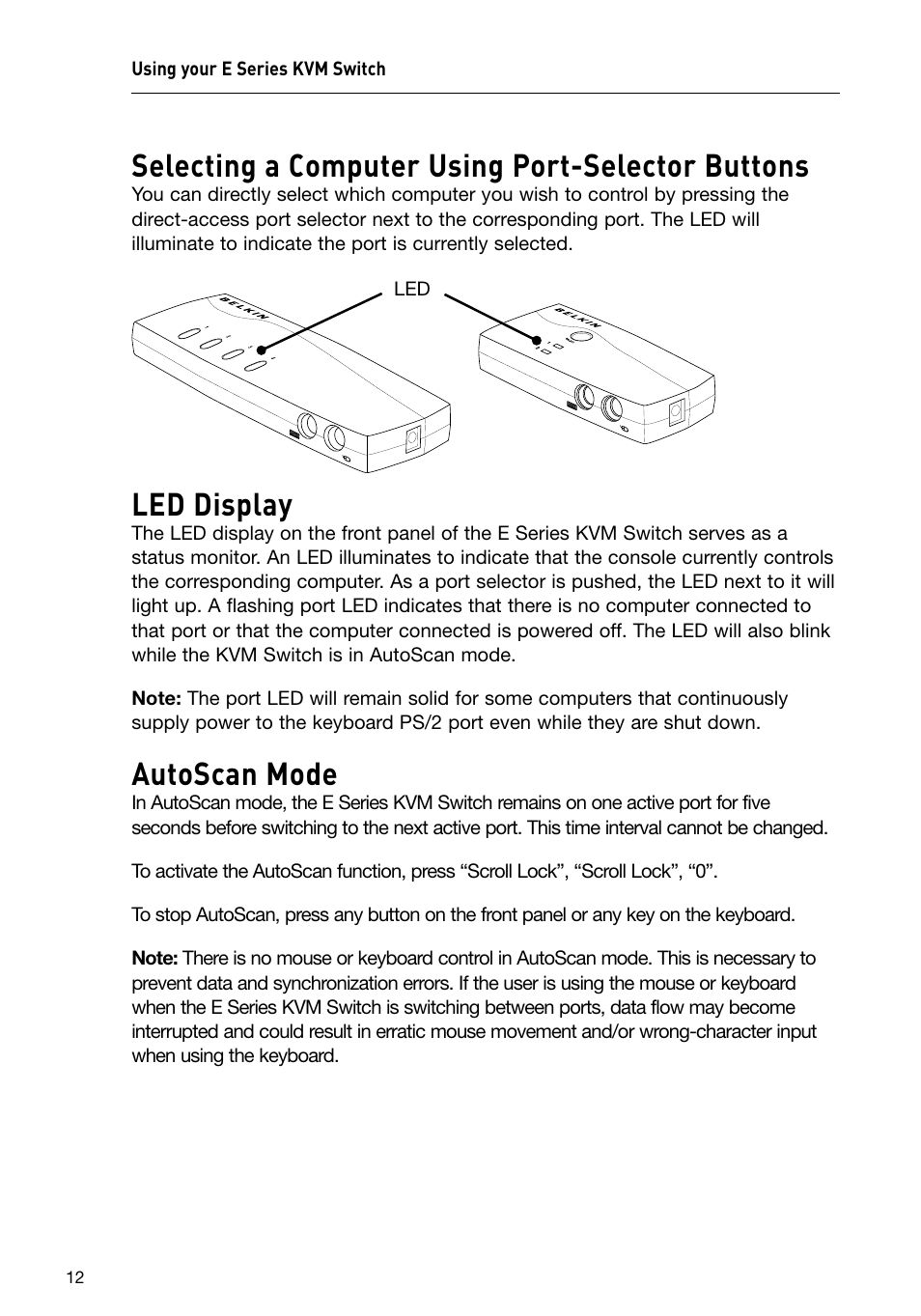 Selecting a computer using port-selector buttons, Led display, Autoscan mode | Belkin F1DB102P2 User Manual | Page 14 / 22