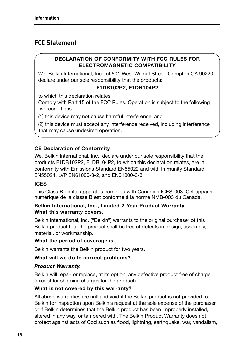 Fcc statement | Belkin F1DB102P2 User Manual | Page 20 / 22