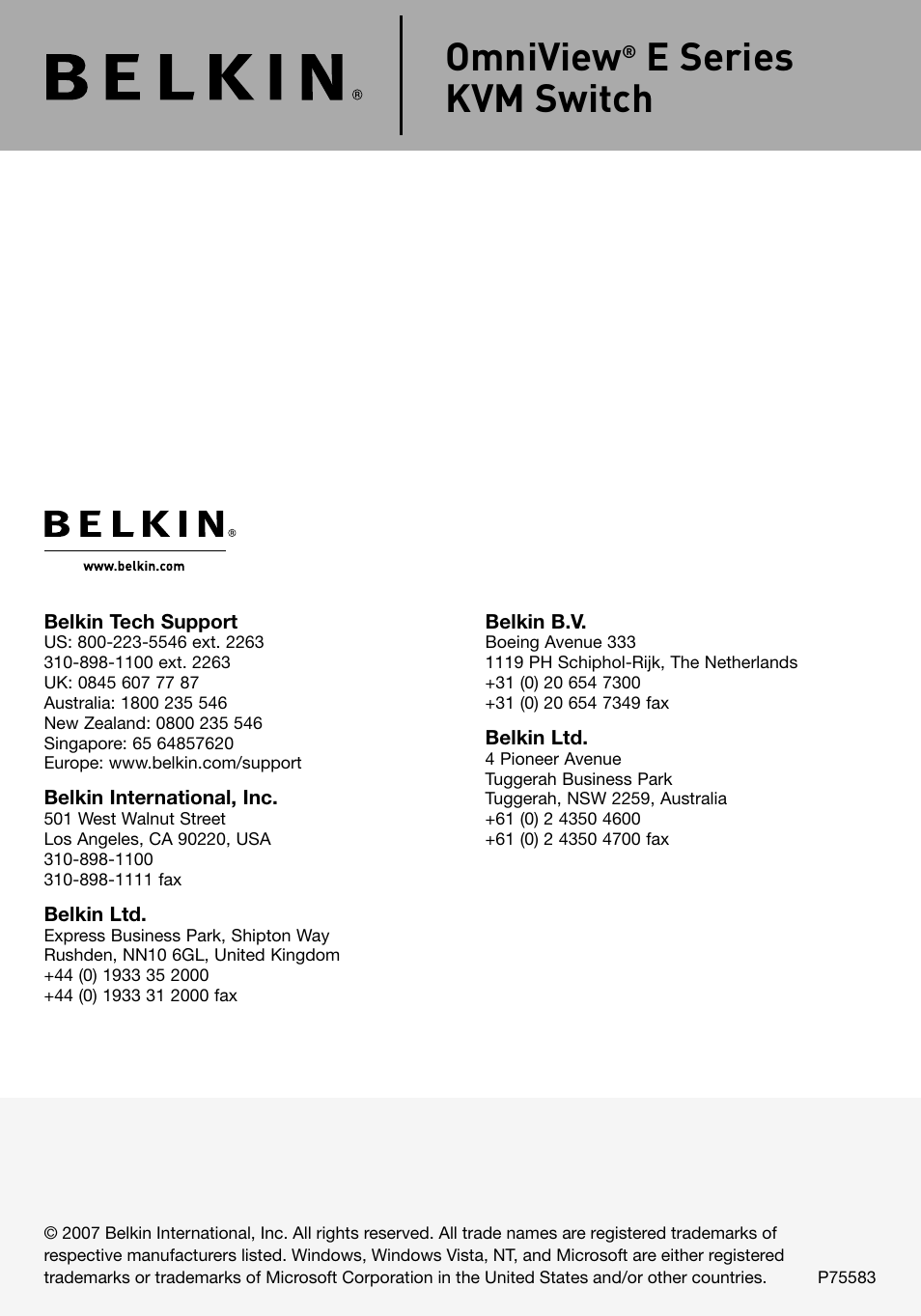 Omniview, E series kvm switch | Belkin F1DB102P2 User Manual | Page 22 / 22