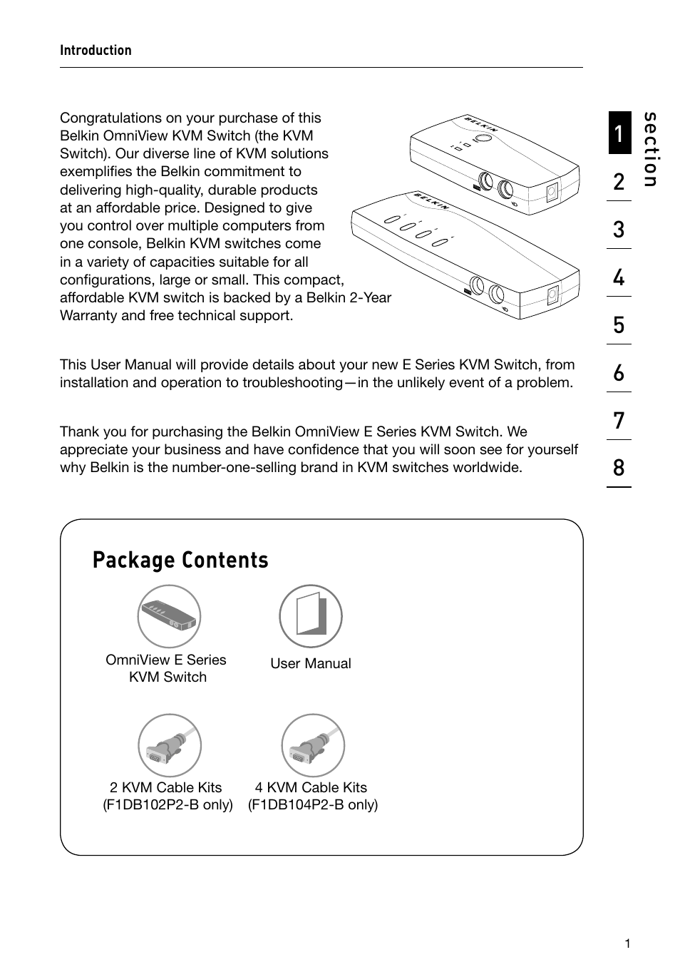 Introduction package contents, Package contents, Se ct io n | Belkin F1DB102P2 User Manual | Page 3 / 22