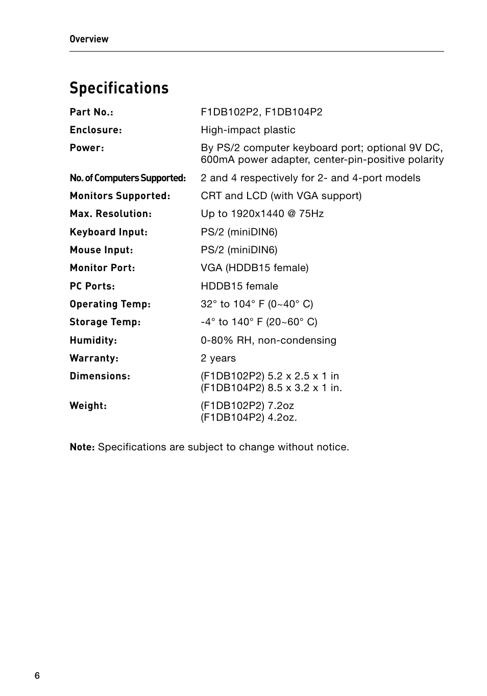 System requirements, Specifications | Belkin F1DB102P2 User Manual | Page 8 / 22