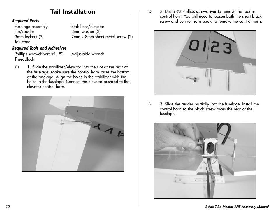 Tail installation | E-flite T-34 Mentor 25 ePTS RTF manual User Manual | Page 10 / 44