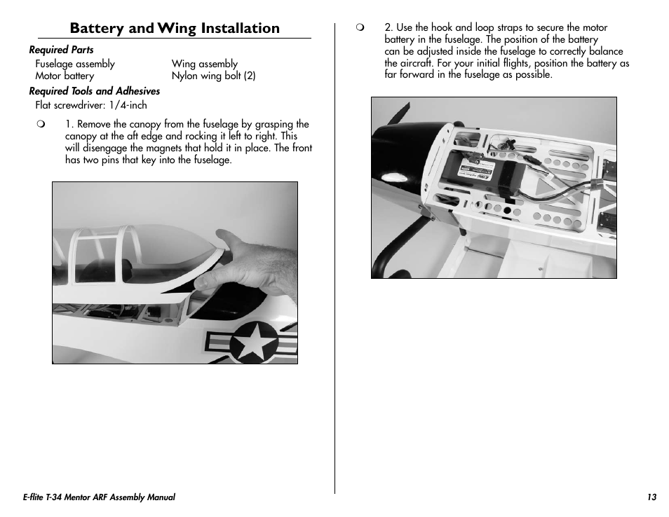 Battery and wing installation | E-flite T-34 Mentor 25 ePTS RTF manual User Manual | Page 13 / 44