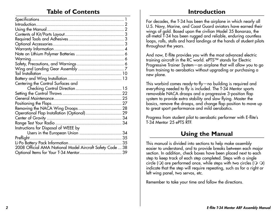 E-flite T-34 Mentor 25 ePTS RTF manual User Manual | Page 2 / 44