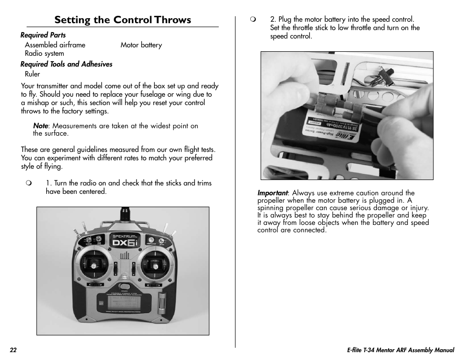 Setting the control throws | E-flite T-34 Mentor 25 ePTS RTF manual User Manual | Page 22 / 44