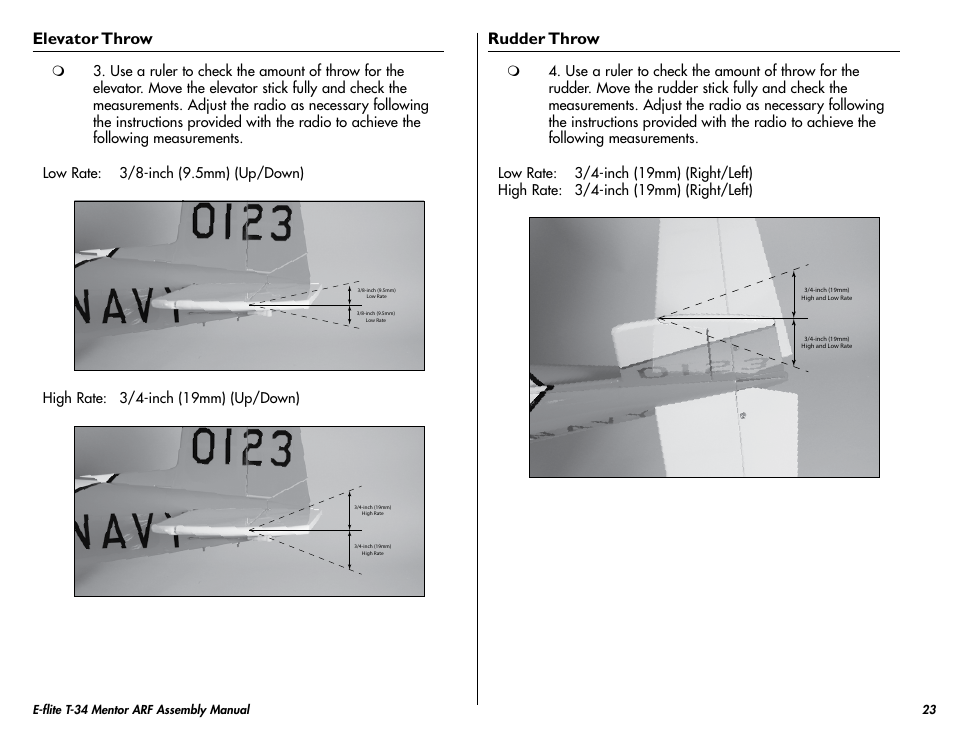 Elevator throw, Rudder throw | E-flite T-34 Mentor 25 ePTS RTF manual User Manual | Page 23 / 44