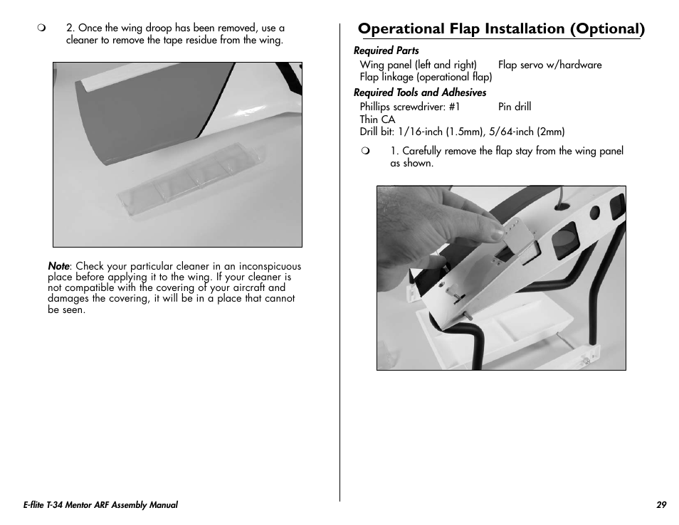 Operational flap installation (optional) | E-flite T-34 Mentor 25 ePTS RTF manual User Manual | Page 29 / 44