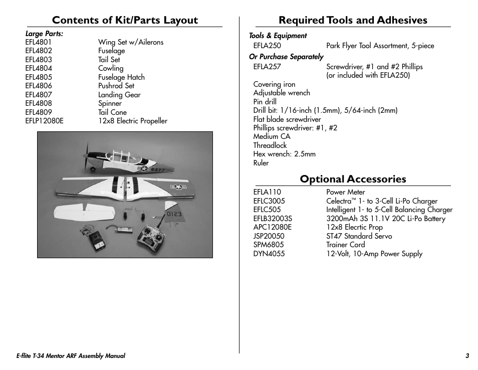 Contents of kit/parts layout, Required tools and adhesives, Optional accessories | E-flite T-34 Mentor 25 ePTS RTF manual User Manual | Page 3 / 44