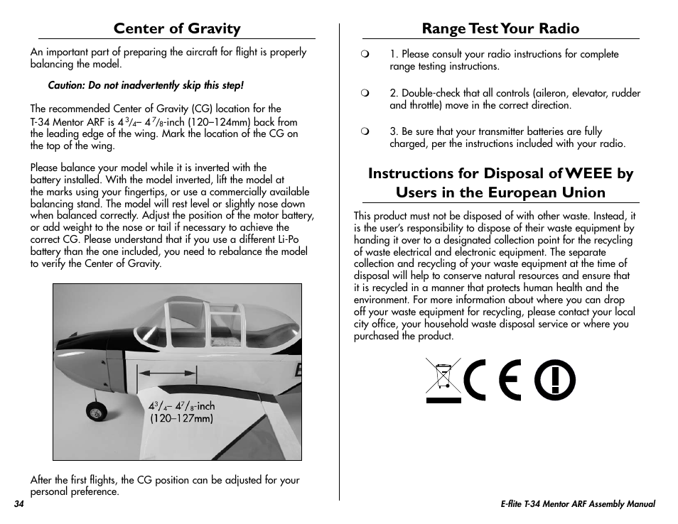 Center of gravity, Range test your radio | E-flite T-34 Mentor 25 ePTS RTF manual User Manual | Page 34 / 44