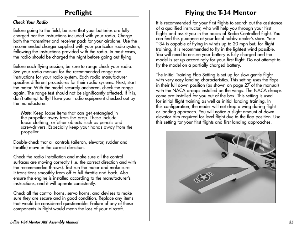 Preflight, Flying the t-34 mentor | E-flite T-34 Mentor 25 ePTS RTF manual User Manual | Page 35 / 44