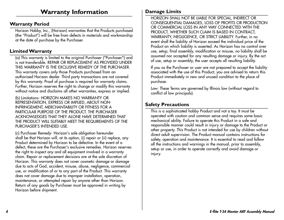 Warranty information | E-flite T-34 Mentor 25 ePTS RTF manual User Manual | Page 4 / 44