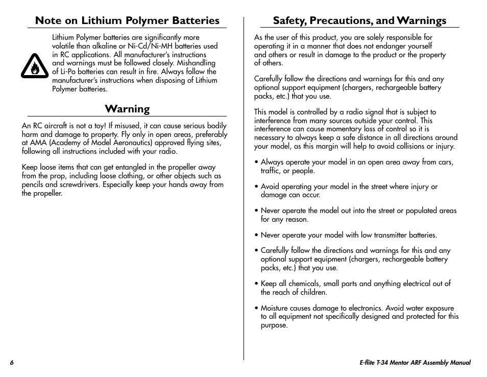 Warning, Safety, precautions, and warnings | E-flite T-34 Mentor 25 ePTS RTF manual User Manual | Page 6 / 44