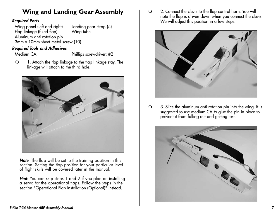 Wing and landing gear assembly | E-flite T-34 Mentor 25 ePTS RTF manual User Manual | Page 7 / 44