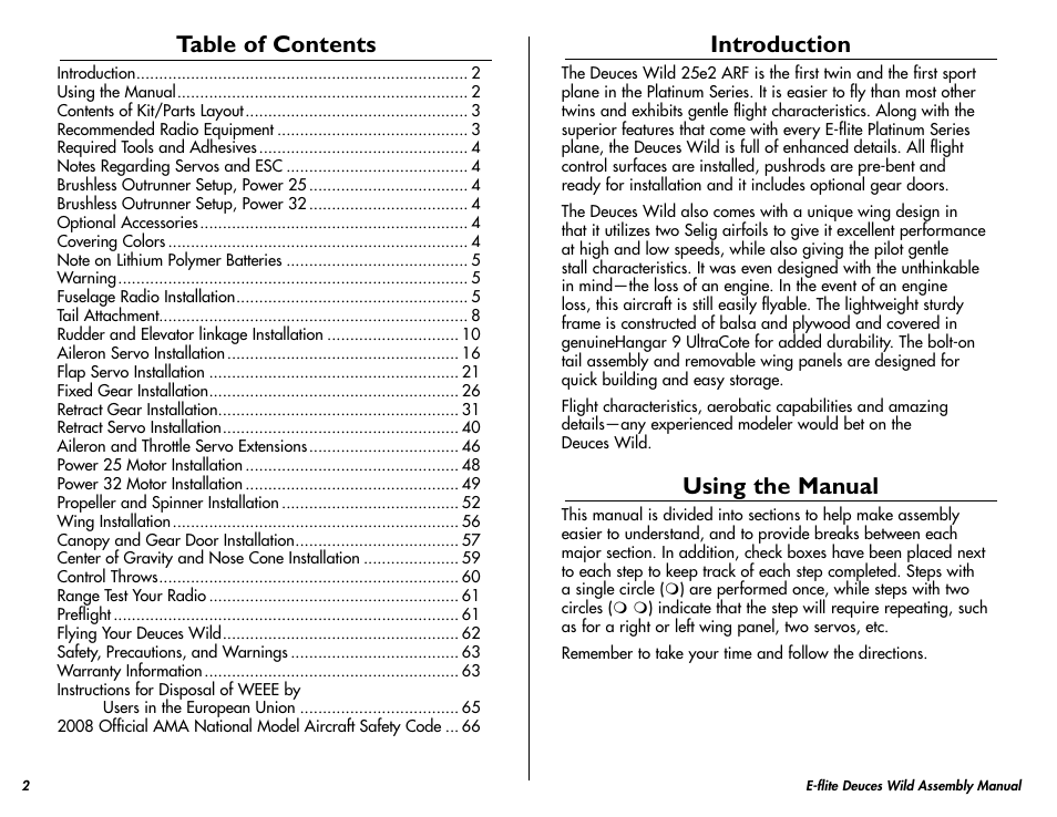 E-flite Deuces Wild 25e2 ARF User Manual | Page 2 / 68