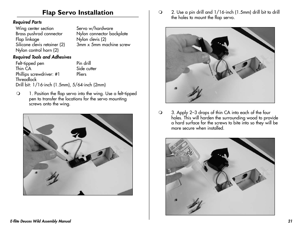 Flap servo installation | E-flite Deuces Wild 25e2 ARF User Manual | Page 21 / 68