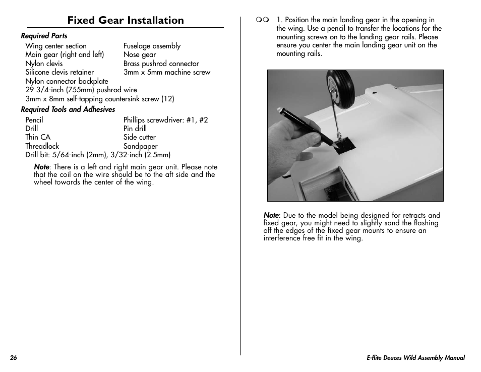 Fixed gear installation | E-flite Deuces Wild 25e2 ARF User Manual | Page 26 / 68