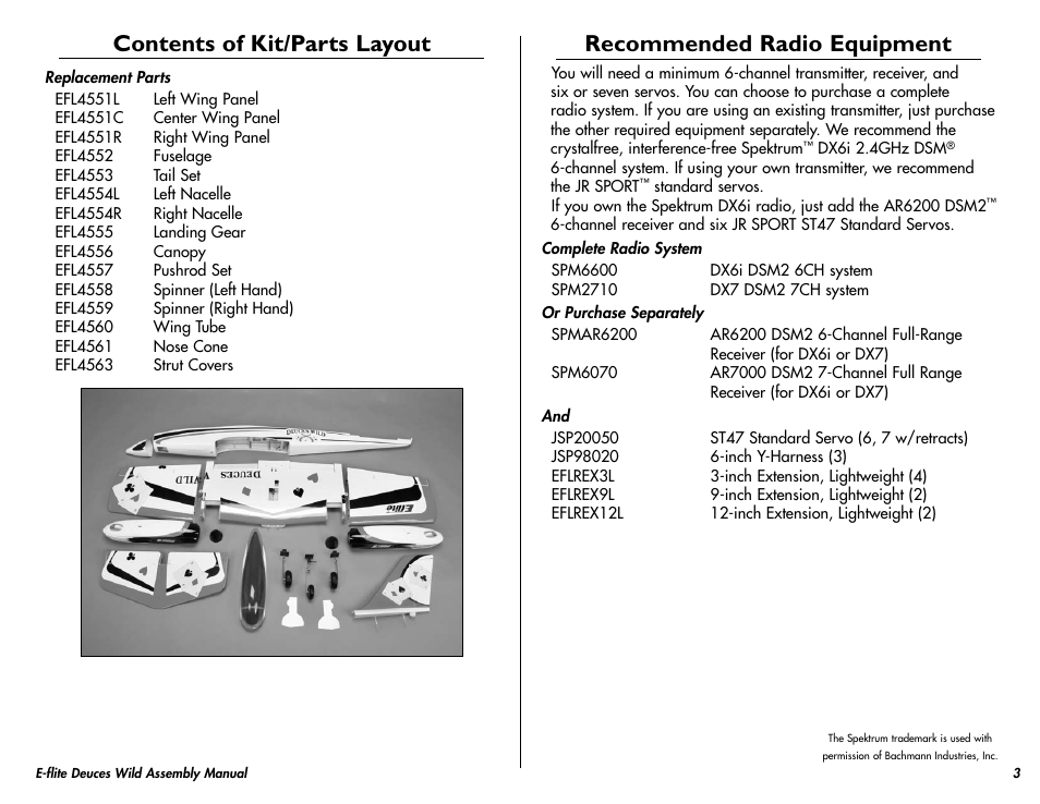 Contents of kit/parts layout, Recommended radio equipment | E-flite Deuces Wild 25e2 ARF User Manual | Page 3 / 68