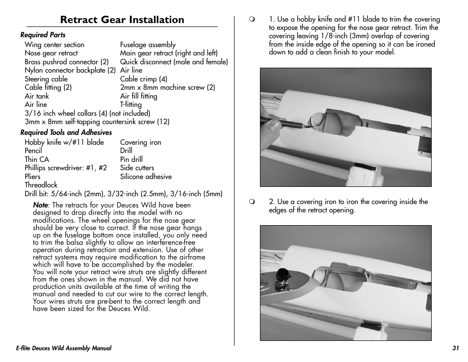 Retract gear installation | E-flite Deuces Wild 25e2 ARF User Manual | Page 31 / 68