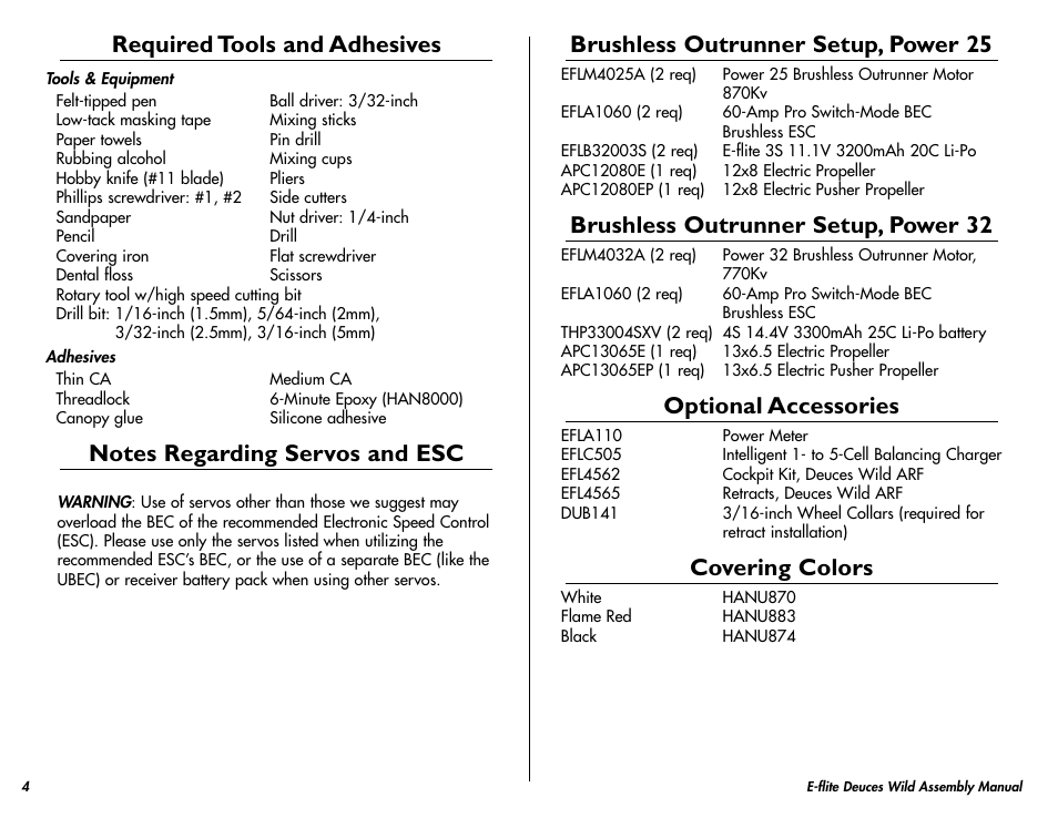 Required tools and adhesives, Brushless outrunner setup, power 25, Brushless outrunner setup, power 32 | Optional accessories, Covering colors | E-flite Deuces Wild 25e2 ARF User Manual | Page 4 / 68