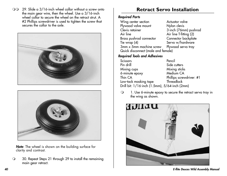 Retract servo installation | E-flite Deuces Wild 25e2 ARF User Manual | Page 40 / 68